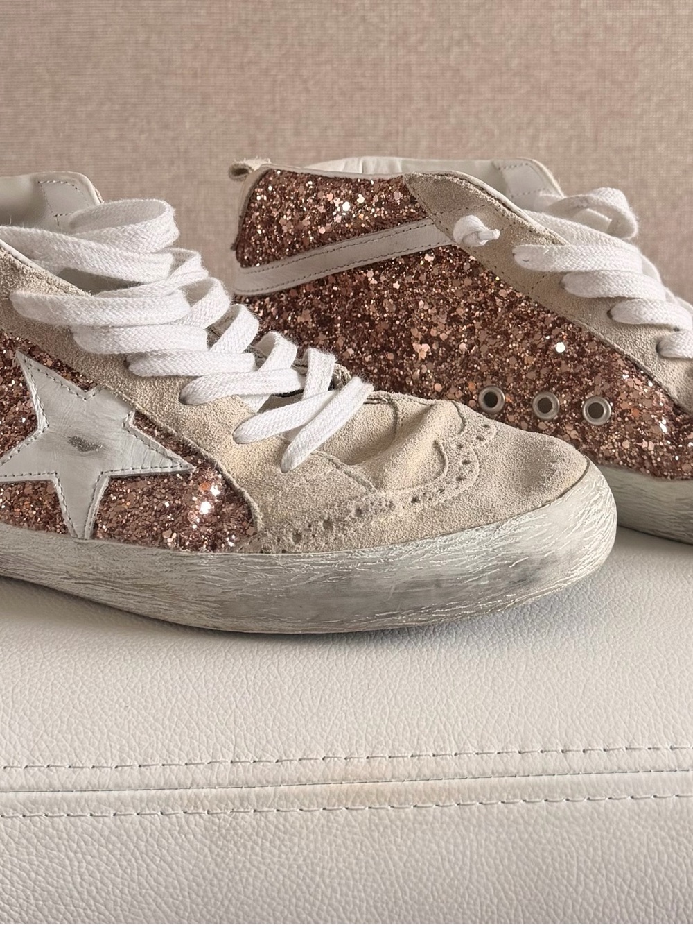 Authentic Golden Goose Rose Gold Glitter Mid-Top Sneakers